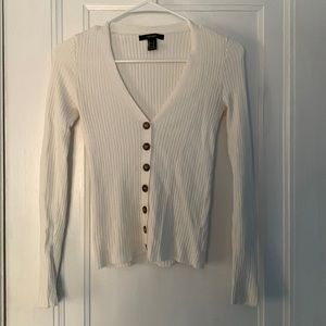 Forever 21 White Cream Button Ribbed V-Neck Long Sleeve Top